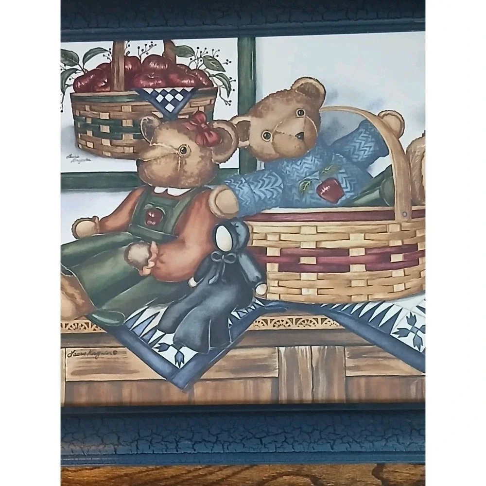 Rustic Teddy Bear Wall Art Framed Print Basket Apples Farmhouse Nursery Decor